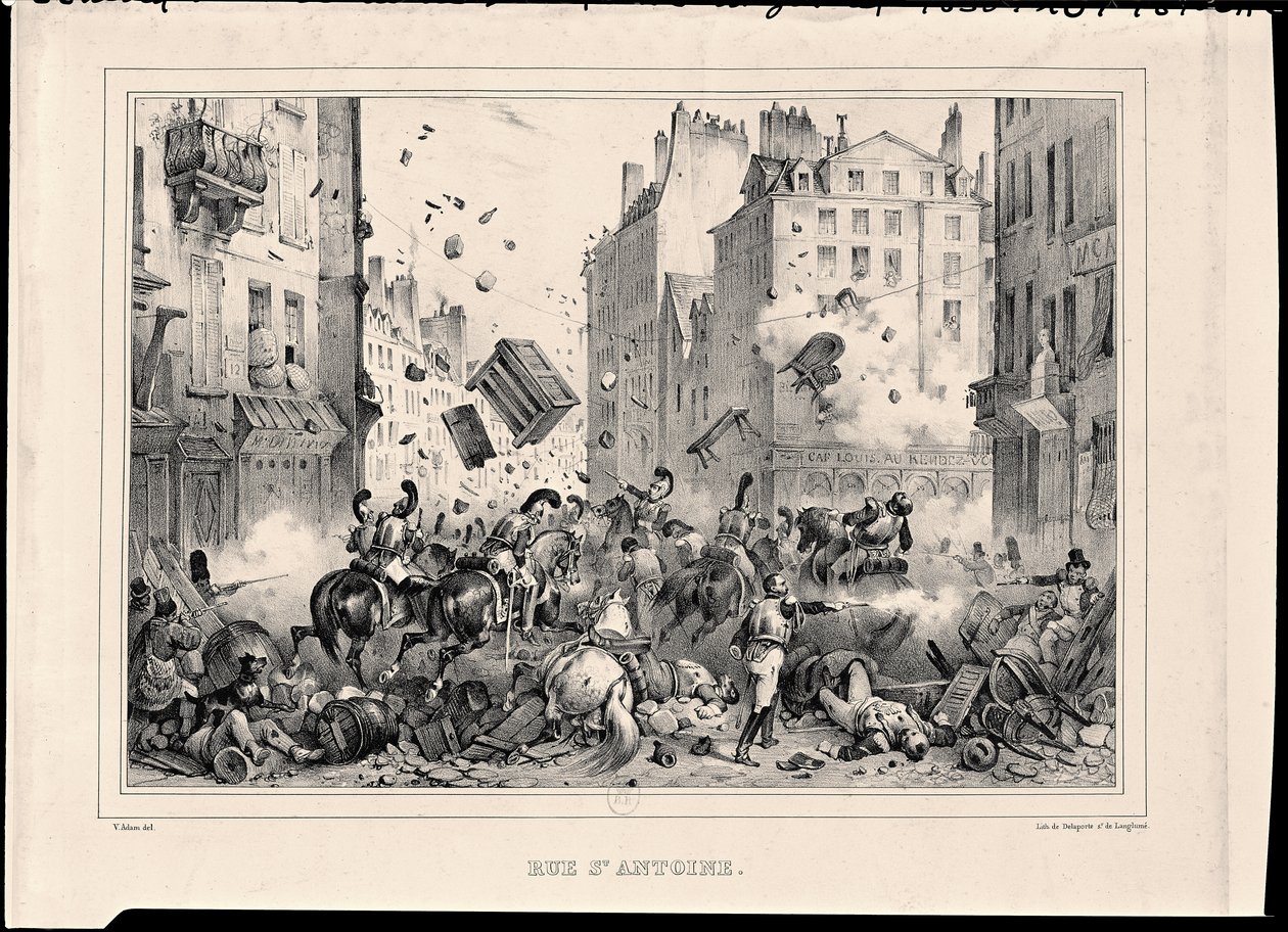 Rue Saint-Antoine in juli 1830, gegraveerd door H. Delaporte door Victor Adam