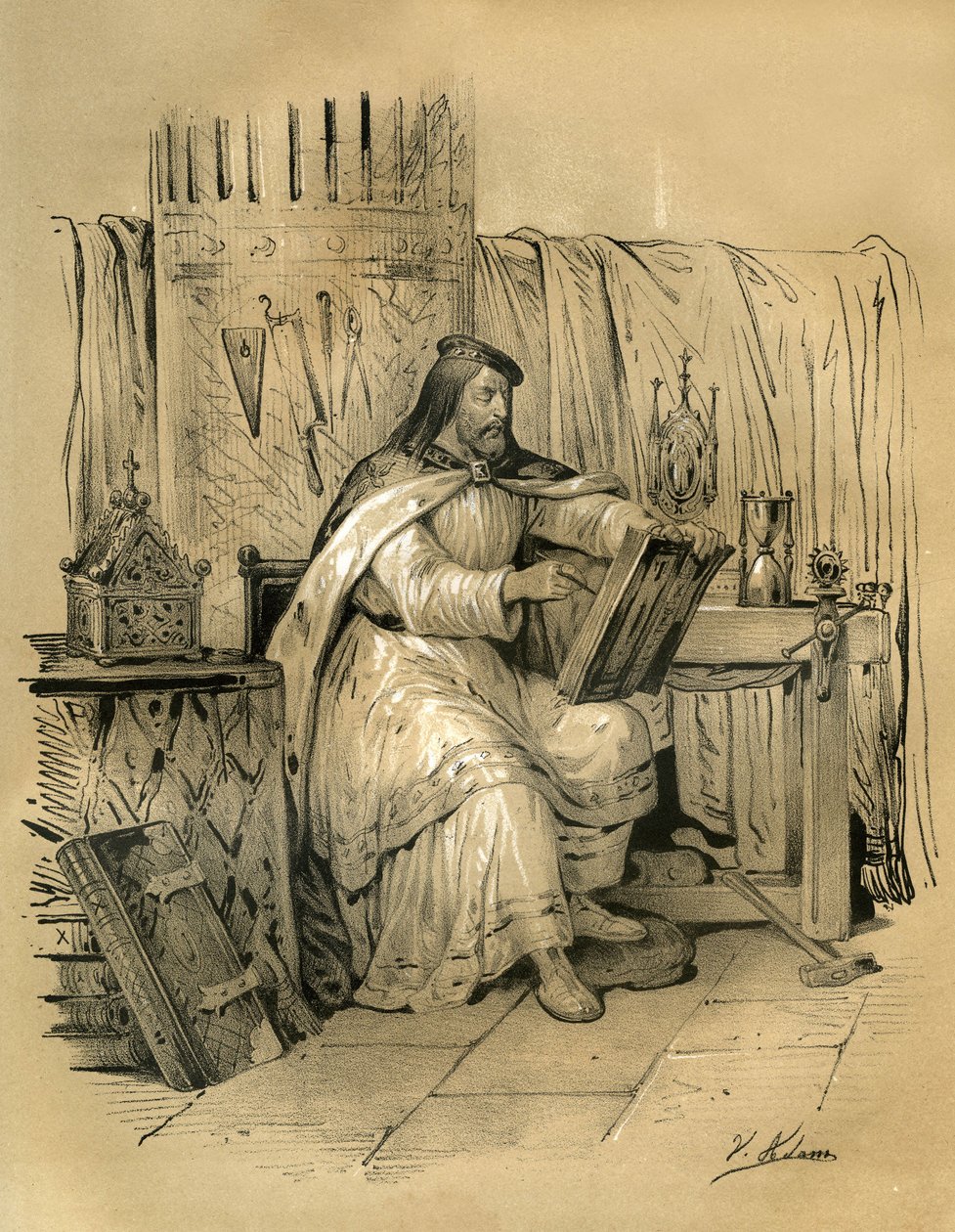 Sint Eloi (ca. 588-660) goudsmid en schatbewaarder van de koning der Franken Dagobert I, daarna bisschop van Noyon vanaf 641 tot zijn dood. Gravure door Victor Adam (1801-1866) in het boek 