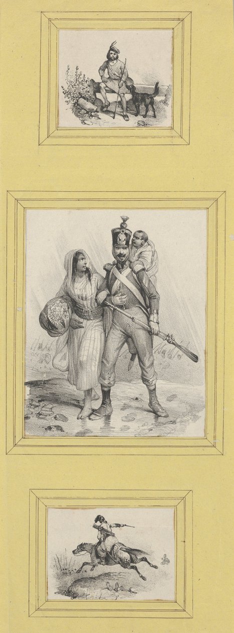Soldaten und ein Highlander (3 Drucke unterschiedlicher Größe auf ein gelbes Blatt geklebt) door Victor Adam