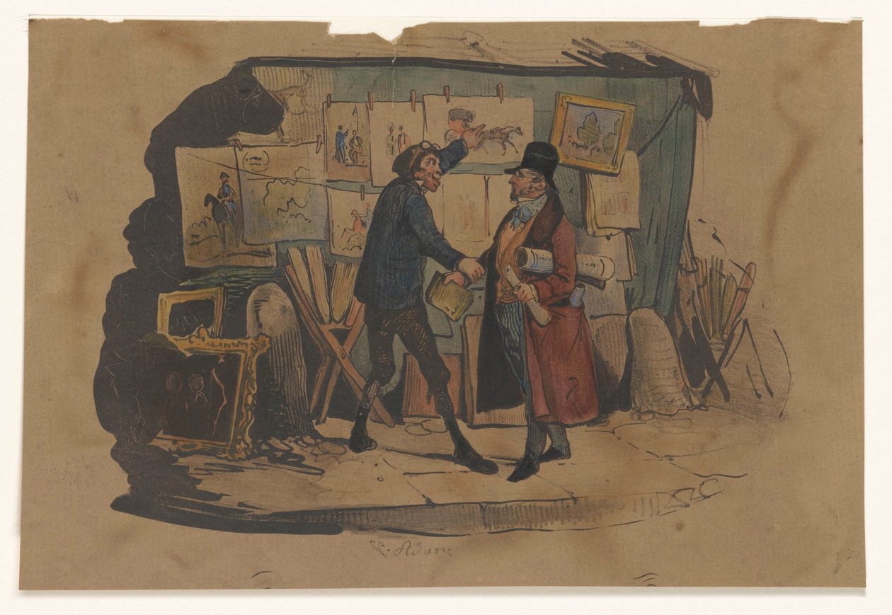 Straatverkoper met een kraam vol kunst houdt een man staande door Victor Adam