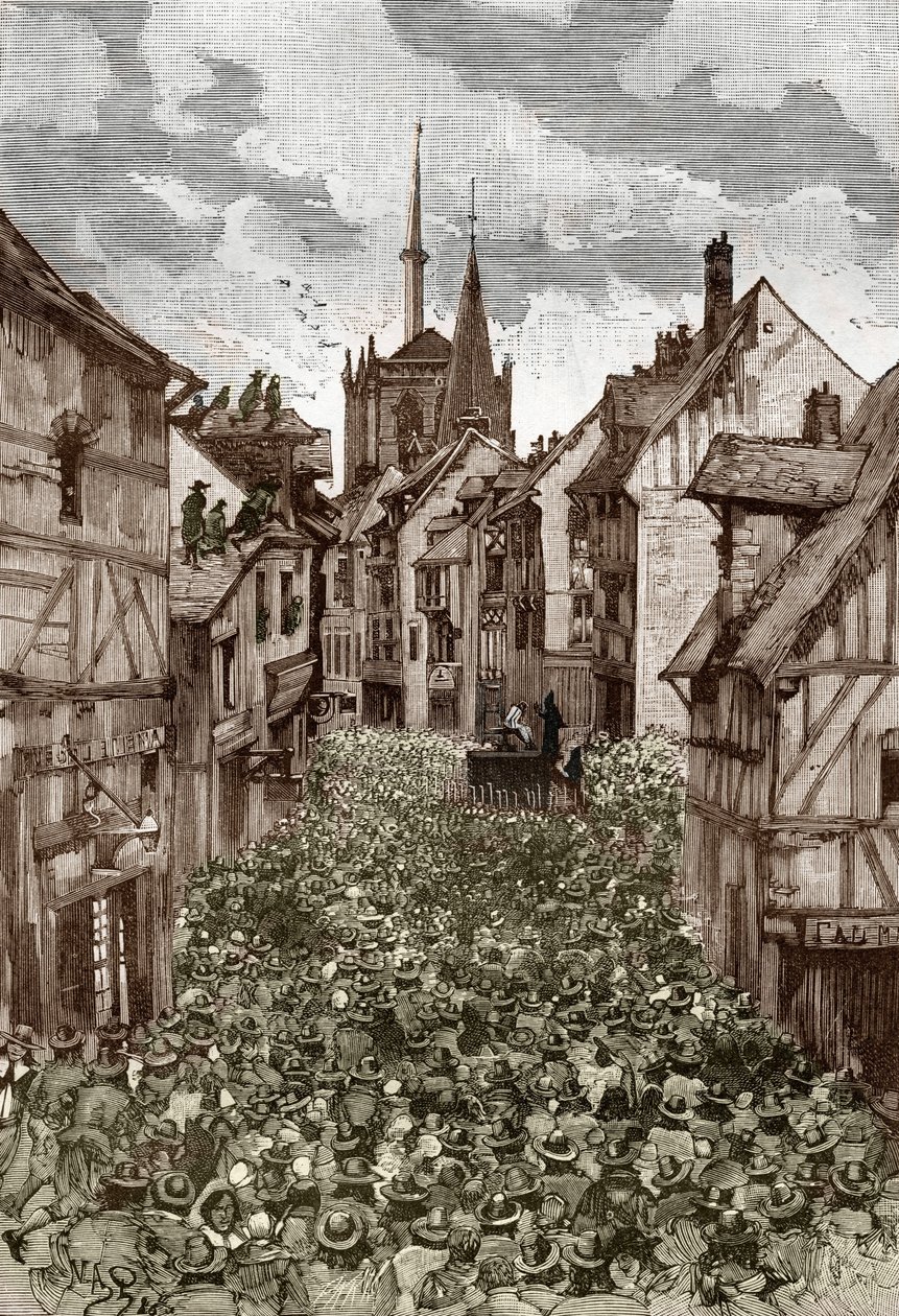 Affaire van de bezetenen van Loudun (demonen van Loudun) circa 1630: heksenjacht, de Franse priester Urbain Grandier (1590-1634) die naar verluidt een pact met de duivel had gesloten en beschuldigd werd van het betoveren van nonnen, wordt verbrand op de br door Victor Armand Poirson