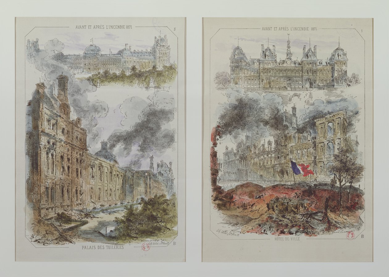 Gezichten op het Tuilerieënpaleis en het stadhuis voor en na de branden van 1871 door Victor Coindre