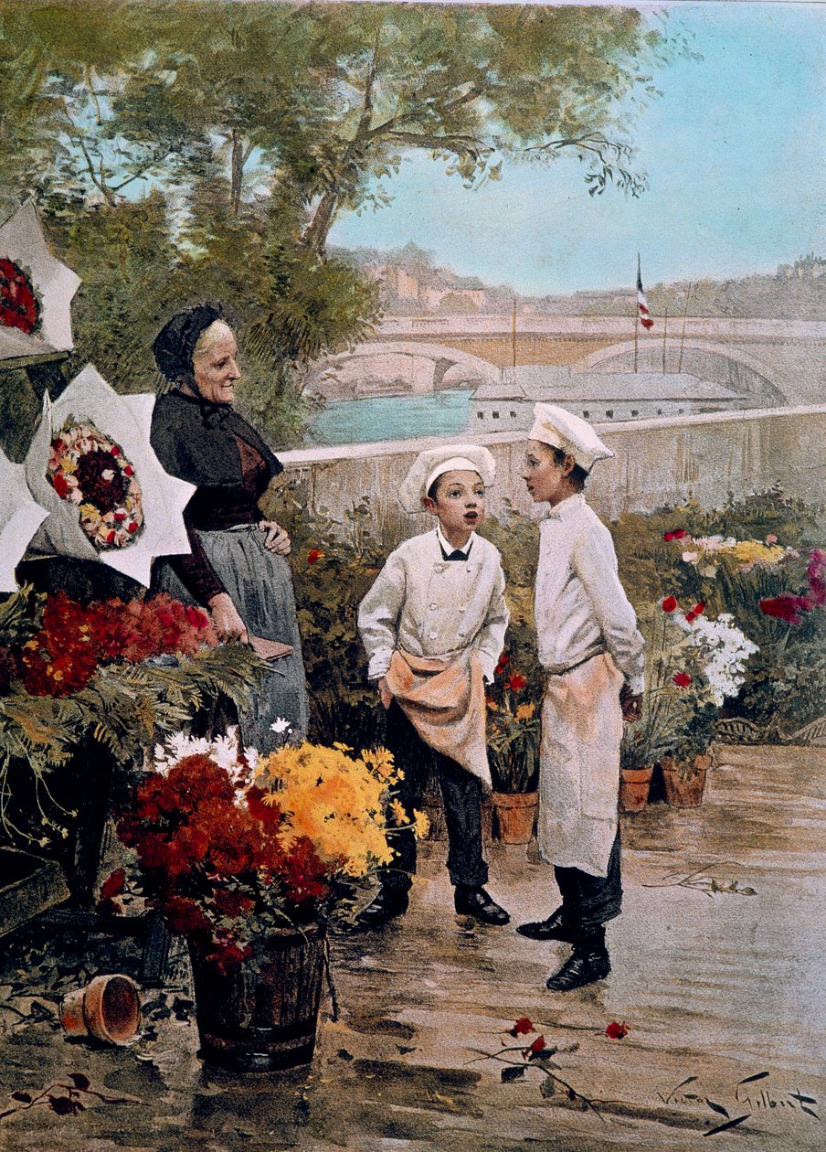 Het feest van de patroon: leerlingen bloemisten en een bloemenwinkel aan de kade. Gravure naar het schilderij van Victor Gabriel Gilbert door Victor Gabriel Gilbert