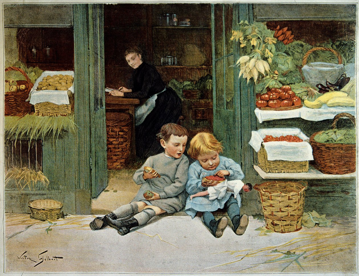 Tour hem. Kind eet toast voor de boodschappen van hun moeder. Het meisje heeft een pop op haar schoot. Schilderij door Victor Gilbert (1847-1935). Parijs, Decoratieve Kunsten door Victor Gabriel Gilbert