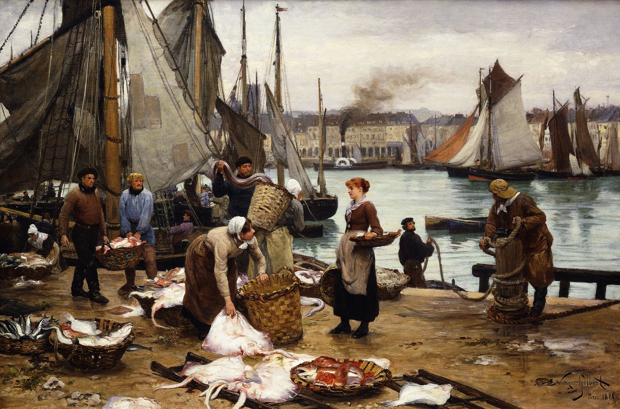 Het lossen van de vangst, 1881 door Victor Gabriel Gilbert