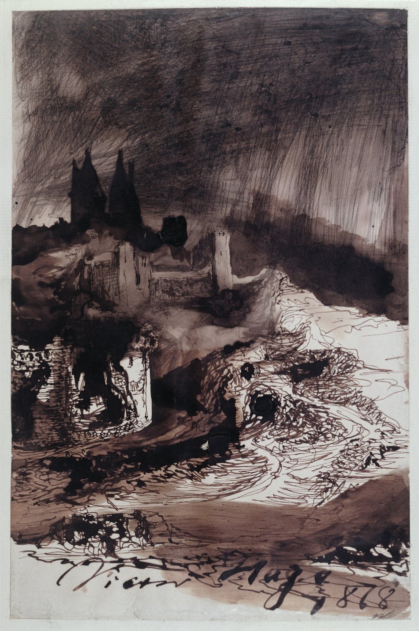 Het kasteel, 1878 (pen en inkt en was op papier) door Victor Hugo