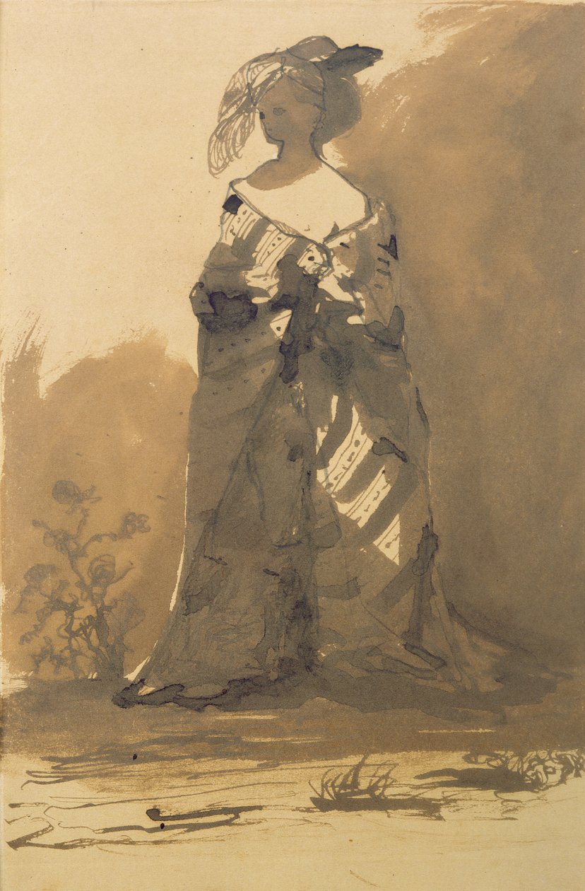 Vrouw met een Overjas en een Gevederde Hoed door Victor Hugo