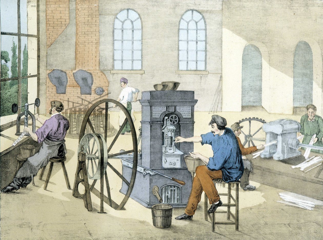Muntenwinkel (munt slaan), litho van Janson. 19e eeuw. door Victor Janson