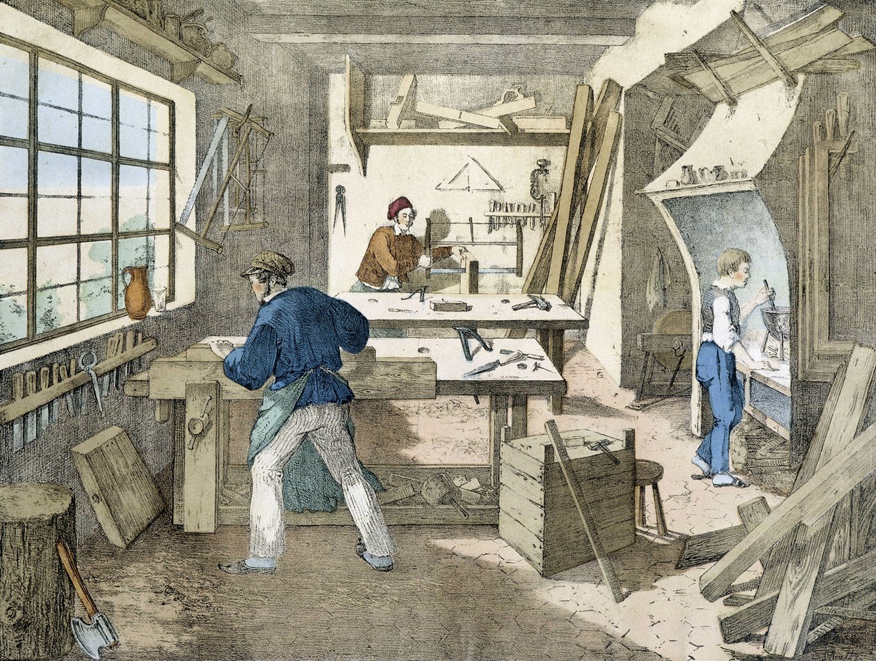 De timmerman, litho van Janson. 19e eeuw. door Victor Janson