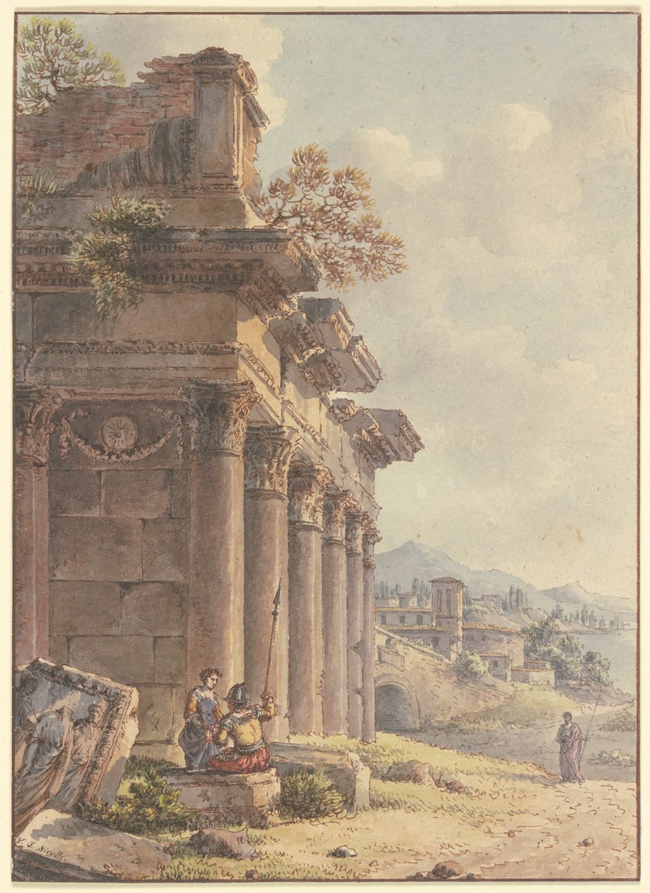 Architectonisch capriccio: ruïnes van een tempelgevel, op de achtergrond landschap met gebouwen en baai door Victor Jean Nicolle