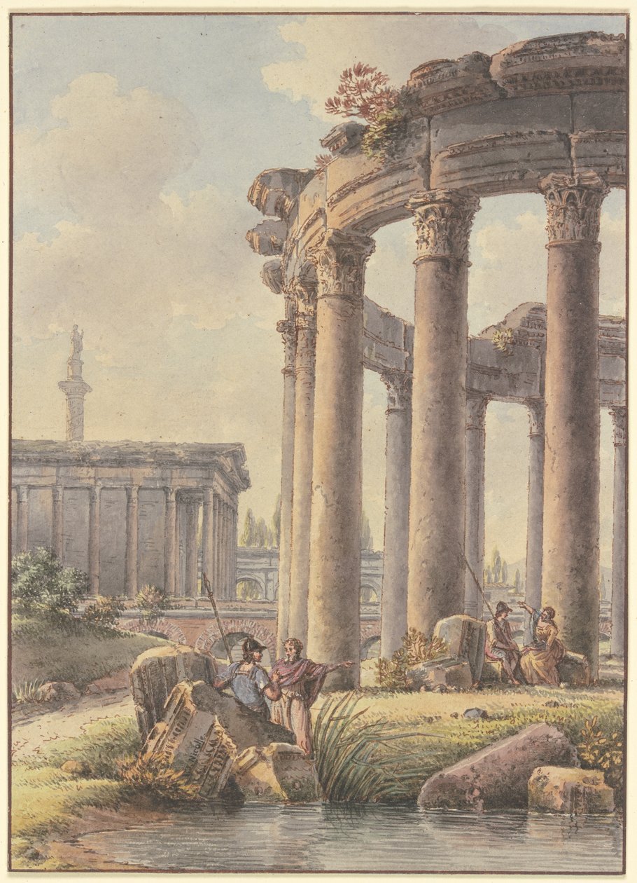 Architecturaal capriccio: ruïnes van een ronde tempel, met de Zuil van Trajanus op de achtergrond door Victor Jean Nicolle