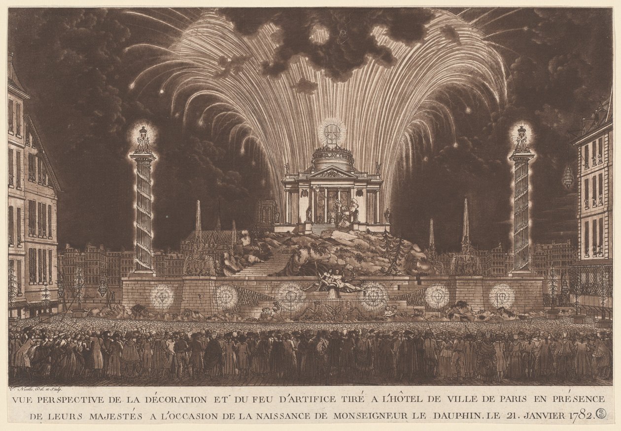 De Decoratie en het Vuurwerk... de Geboorte van Monseigneur de Dauphin door Victor Jean Nicolle