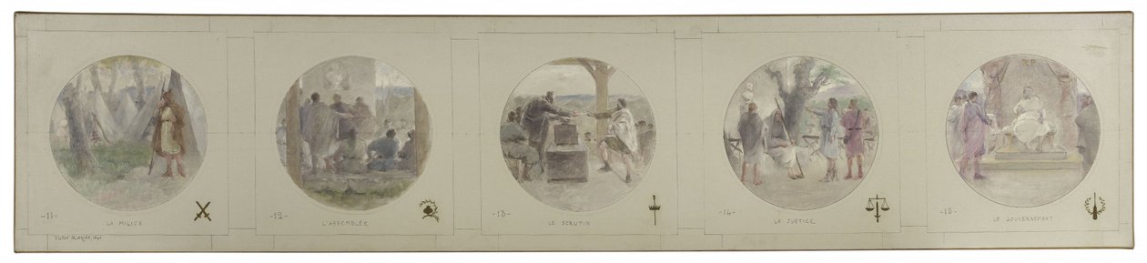 Schets voor de Lobau-galerij van het Hôtel de Ville de Paris: La Milice. De Vergadering. Stemmen. Gerechtigheid. De Regering door Victor Jean Pierre Maziès