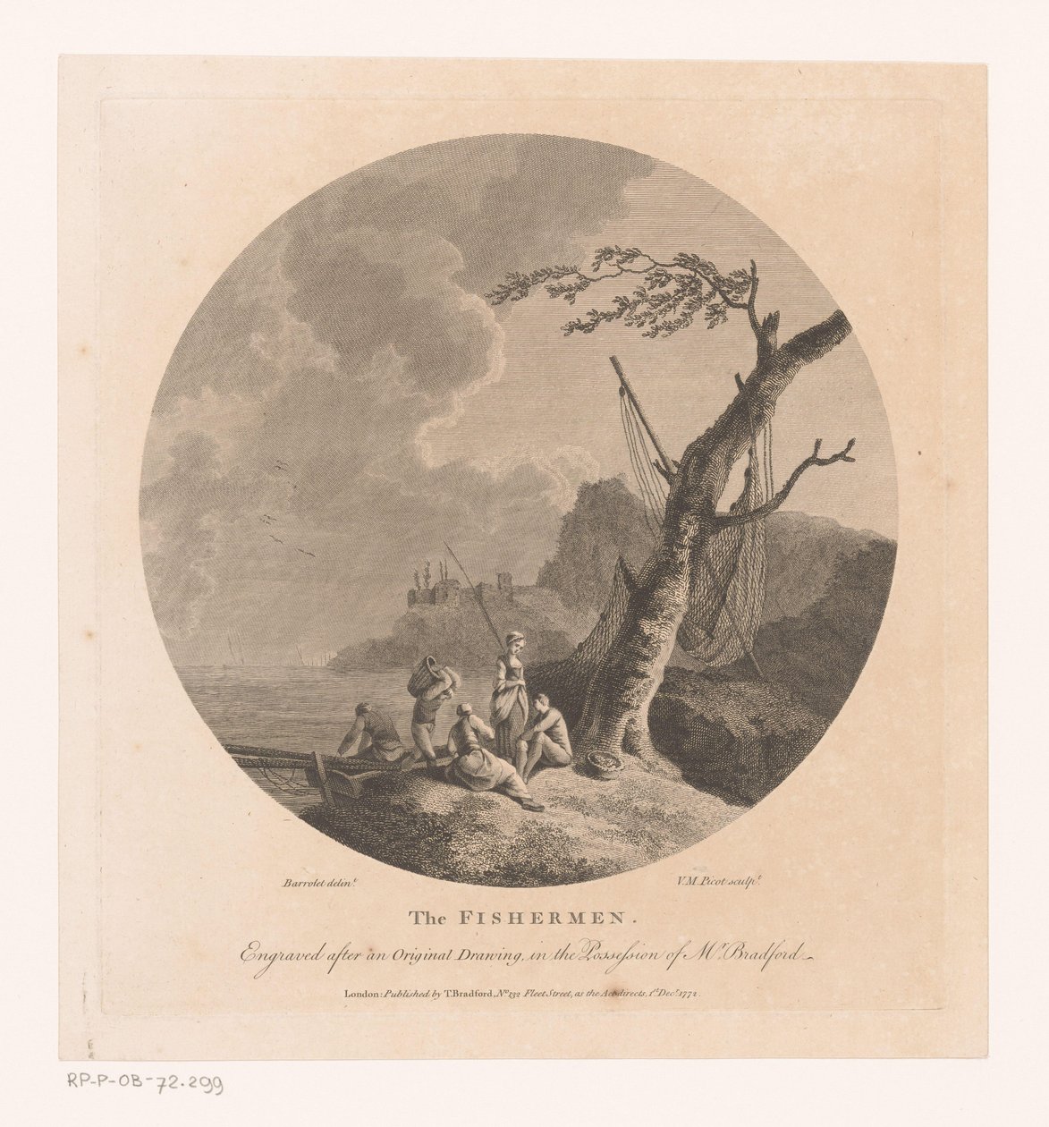 Landschap met vissers bij een boom met visnetten door Victor Marie Picot