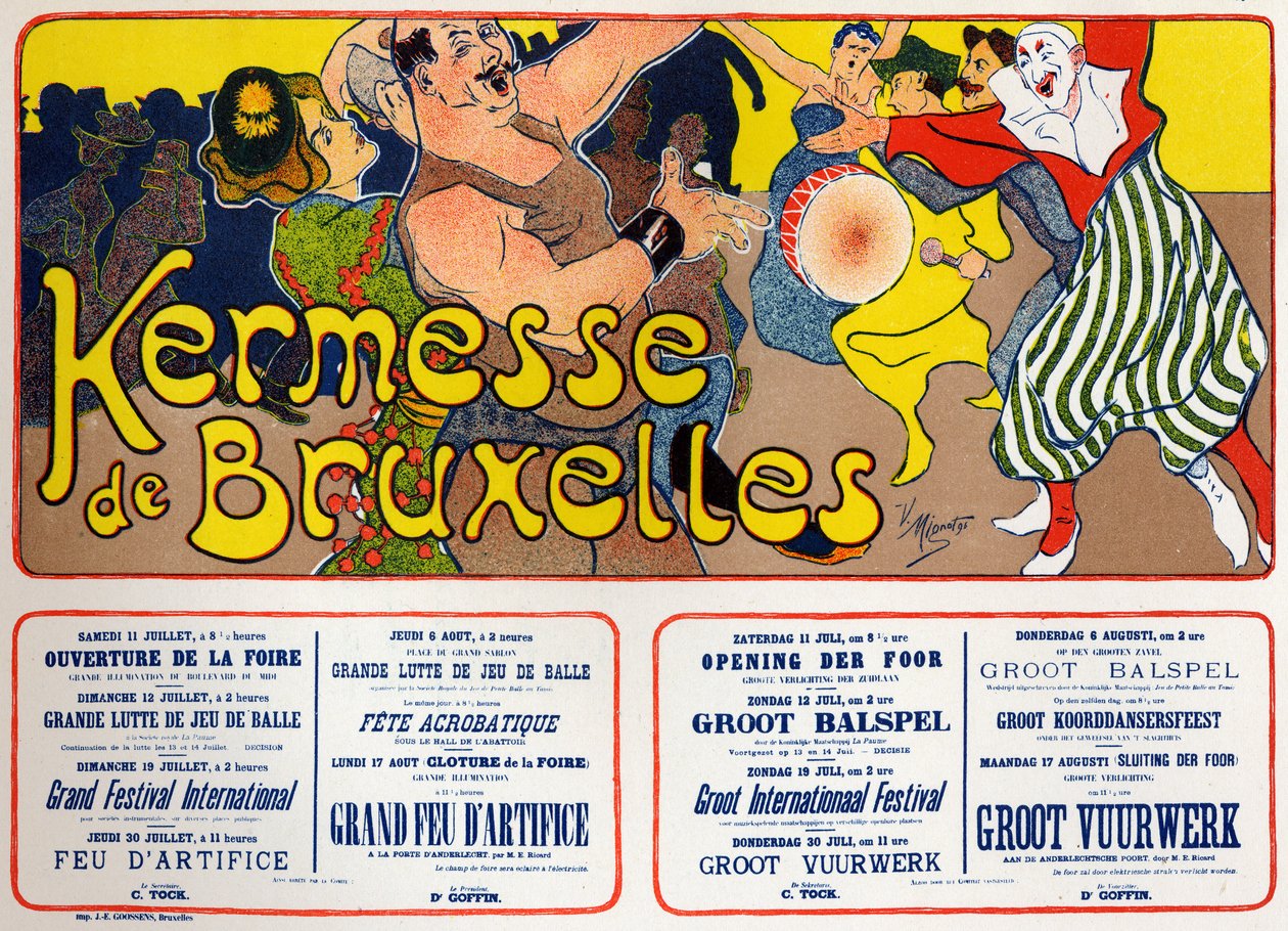 Levensstijl. Brusselse kermis (Carnaval), België. Poster door V. Mignot, België, ca. 1890 door Victor Mignot