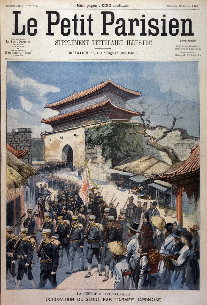 Het Japanse leger bezet Seoul, Korea - Gravure uit Le Petit Parisien, 28/02/1904 door Victor Mottez