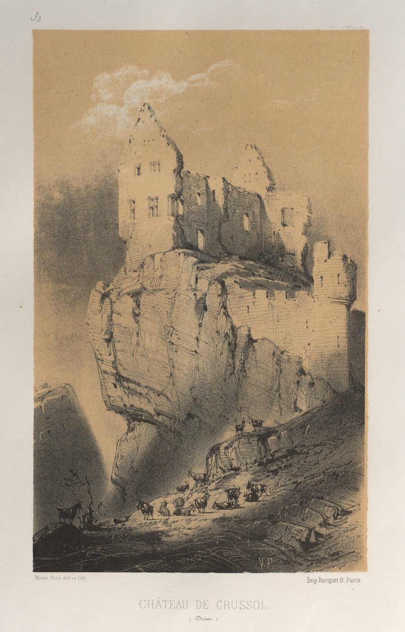 Pittoreske Architectuur of Monumenten van de 15e en 16e Eeuw: Kastelen van Frankrijk uit de 15e en 16e Eeuw: Pl. 30, Kasteel van Crussol (Drome) door Victor Petit