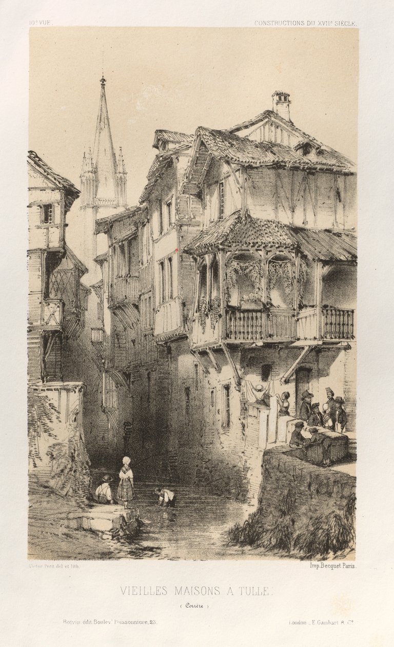 ...Pl. 10, Oude Huizen in Tulle Correze, 1860 door Victor Petit