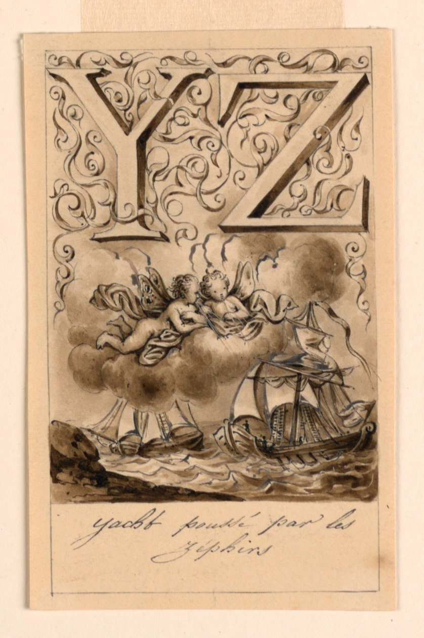 Ontwerp voor de letters Y en Z van een leesboek: Jacht/ Zephir (Jachten aangedreven door Zephyrs) door Victor Vincent Adam