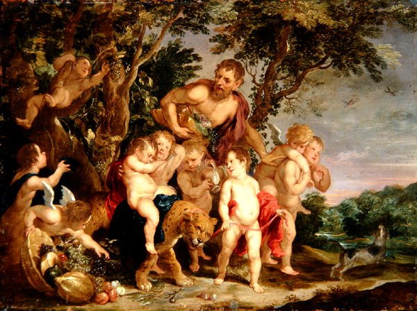 Een Bacchanaal in een bebost rivierlandschap door Victor Wolfvoet