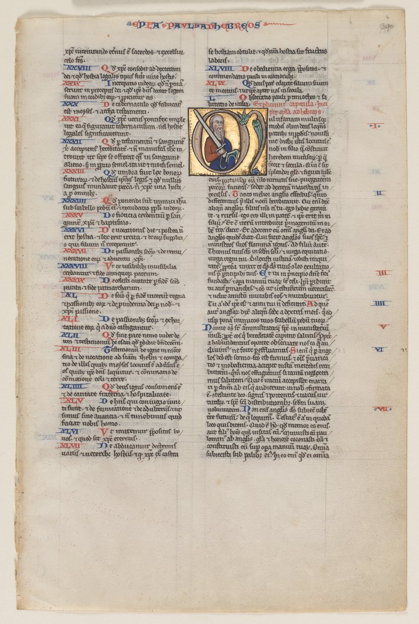 Blad met Initiaal uit een Latijnse Bijbel: Initiaal M: St. Paulus met een Zwaard en een Boek door Vienna Moralized Bible Workshop