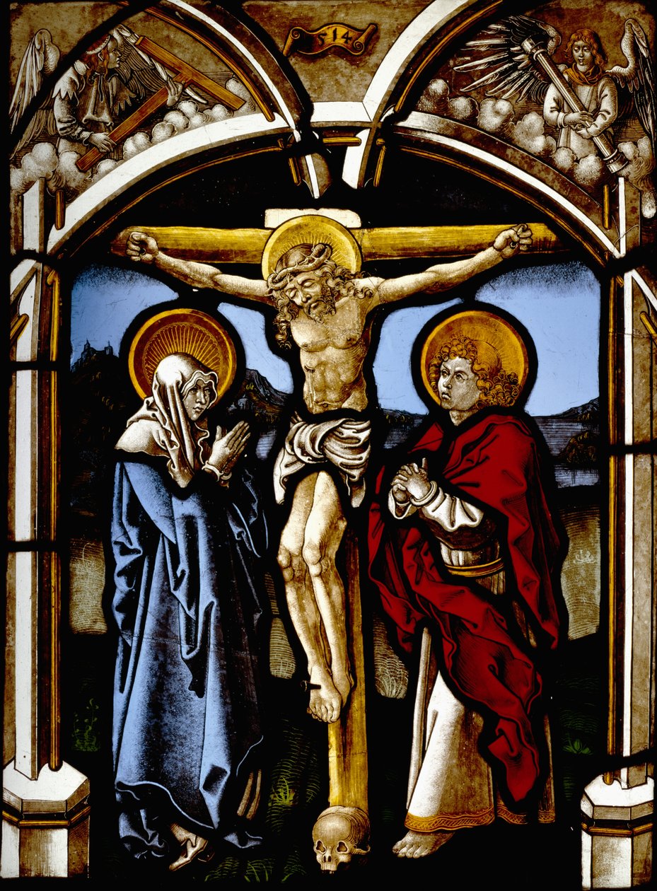De Kruisiging met de Maagd, St. Johannes en Engelen door Viet workshop of Hirschvogel the Elder