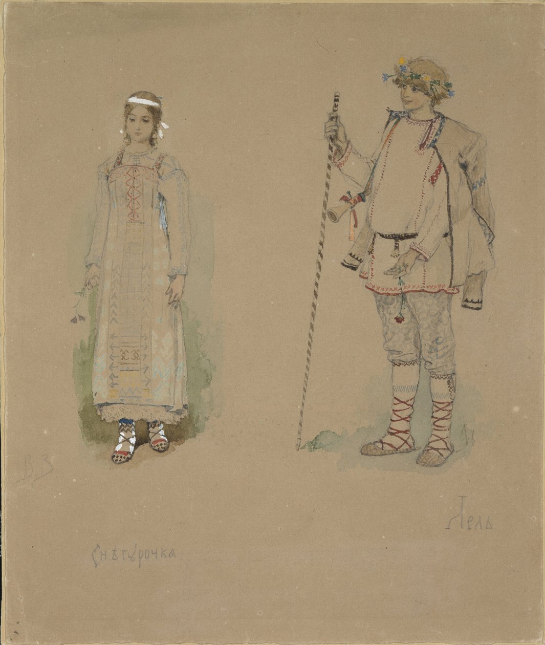 Sneeuwmeisje en Lel. Kostuumontwerp voor de opera Sneeuwmeisje door N. Rimsky-Korsakov, 1885 door Viktor Mikhaylovich Vasnetsov