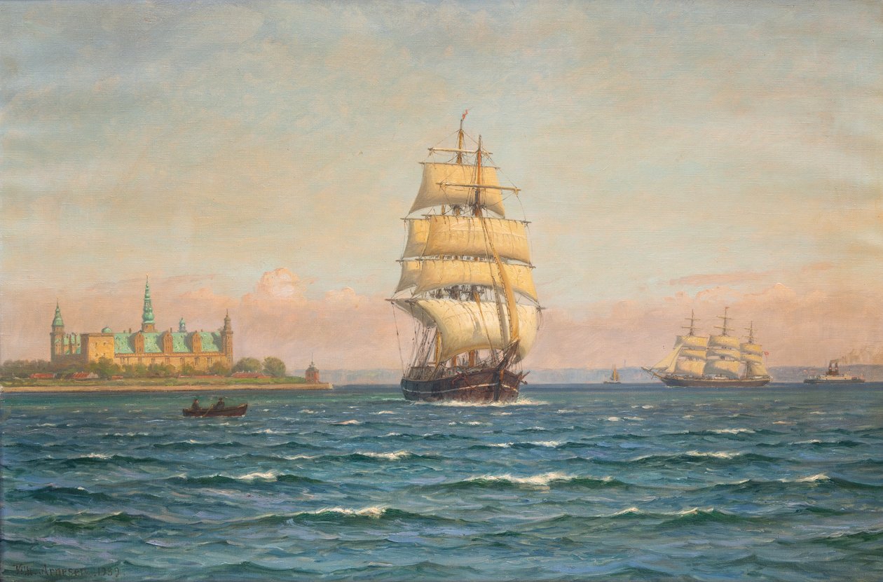 Zeilschepen en een veerboot bij Kronborg. door Vilhelm Arnesen