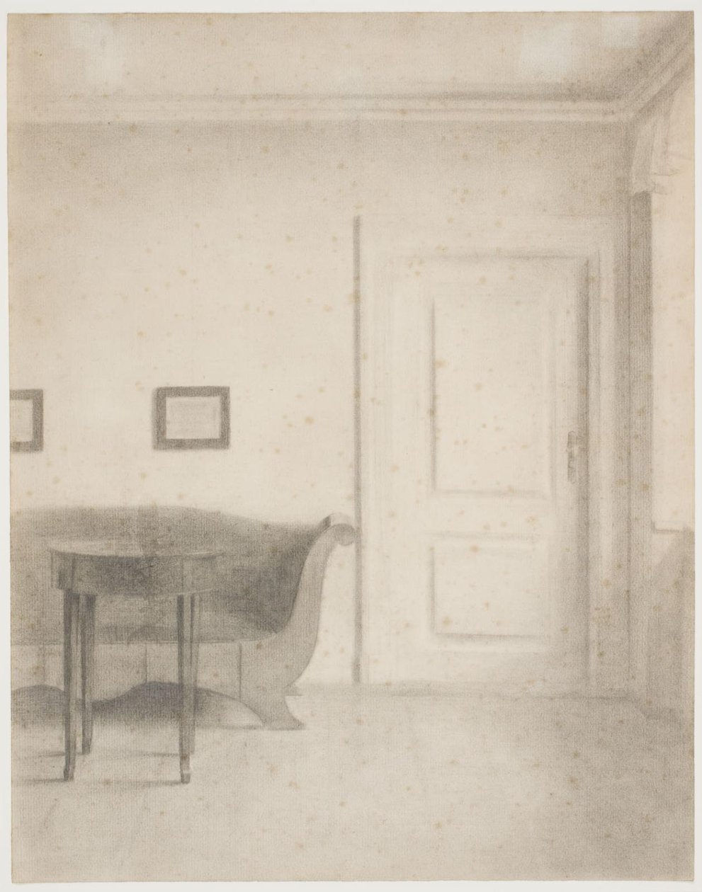 Interieur met Bank en Klein Tafeltje, r. een Deur door Vilhelm Hammershøi