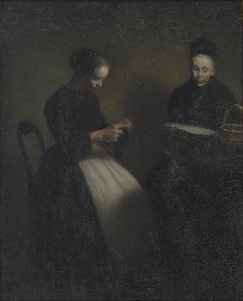 Avond in de salon, de moeder en vrouw van de kunstenaar door Vilhelm Hammershoi