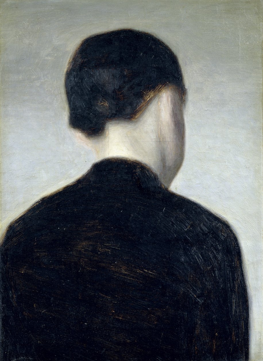 Zittend figuur, gezien van achteren (Anna Hammershoi) (1884) door Vilhelm Hammershoi