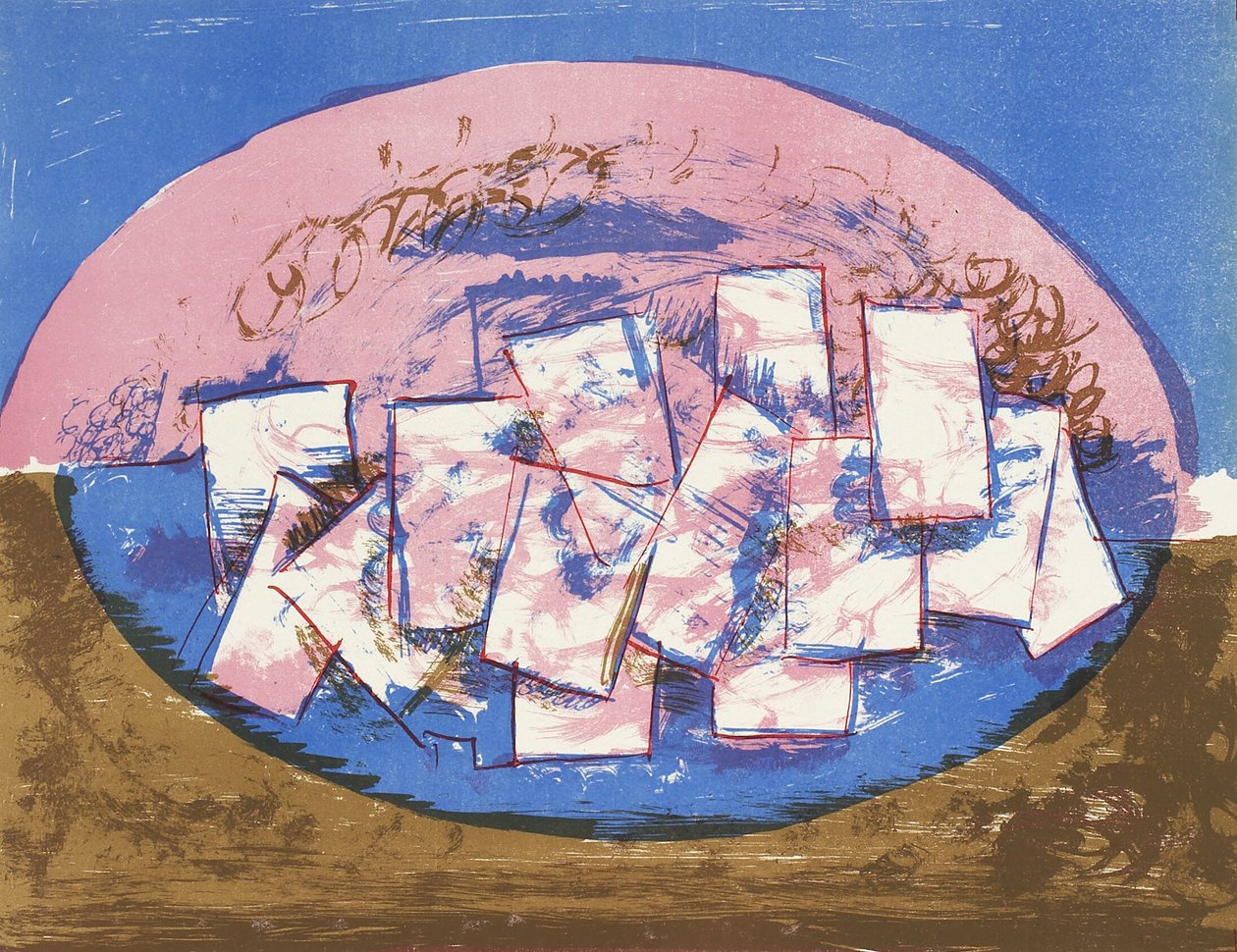 Blauwe en roze ellips met vierkanten op bruine en blauwe achtergrond door Vilhelm Lundstrøm