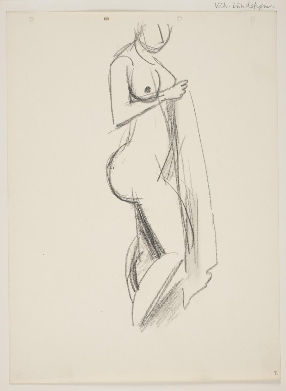Staande naakte vrouw, profiel naar rechts, draperie in de hand door Vilhelm Lundstrøm