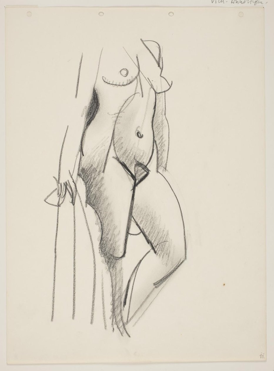 Staande naakte vrouw, naar rechts gericht, draperie in de hand door Vilhelm Lundstrøm