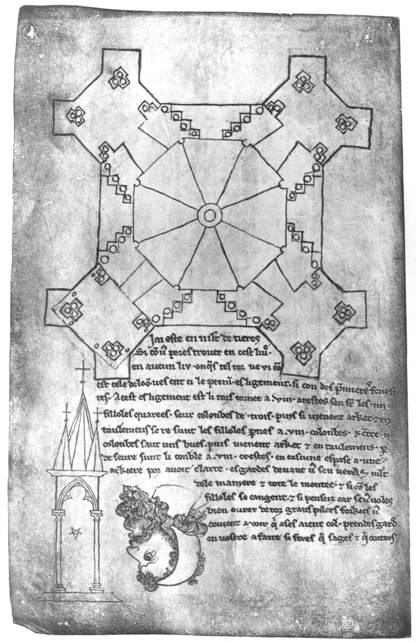 Ms 19093 fol.9v Facsimile kopie van een plan van de toren van de kathedraal van Laon, het hoofd van een bebaarde man en een gotisch raam door Villard de Honnecourt