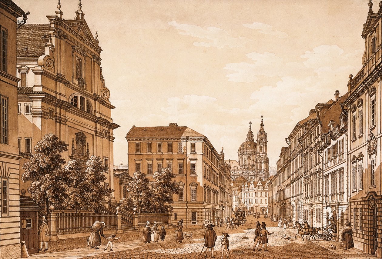 Uitzicht op de Karmelitskástraat richting de Sint-Nicolaaskerk, Praag door Vincenc Morstadt