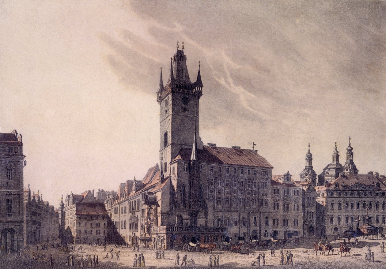 Oude stadhuis (gekleurde ets) door Vincenc Morstadt