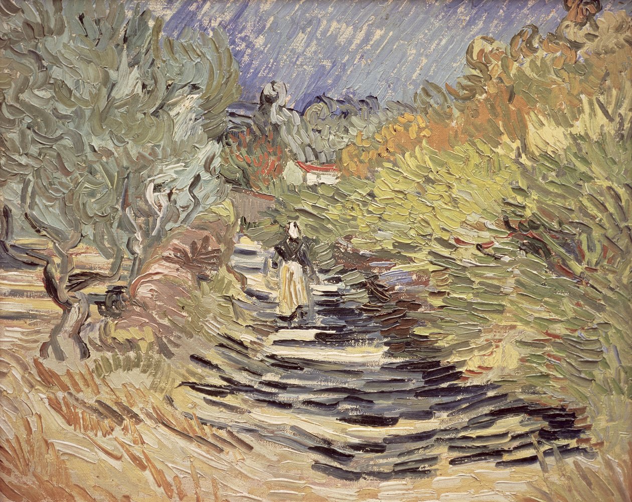 Een weg in St. Remy met vrouwelijke figuren, 1889 door Vincent van Gogh