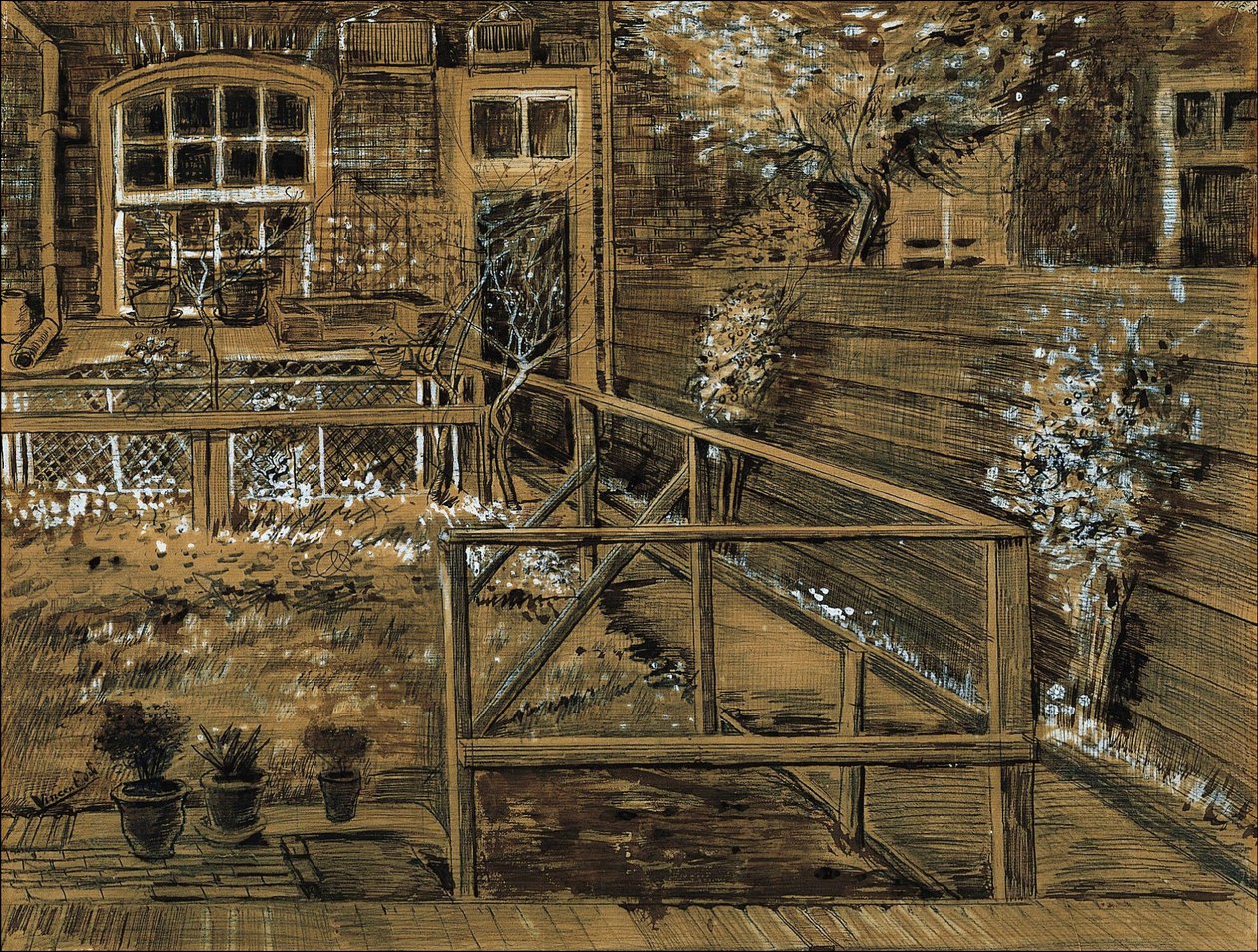 De tuin achter het huis van de moeder van Sien in Den Haag door Vincent van Gogh