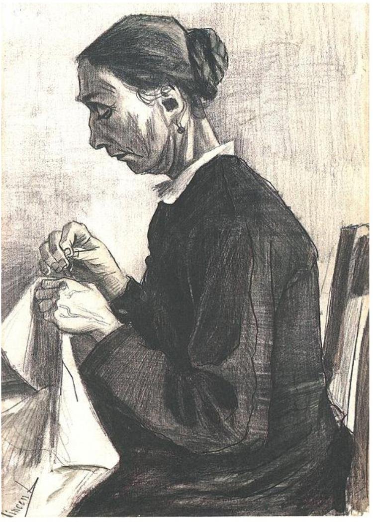 Oude vrouw aan het naaien door Vincent van Gogh
