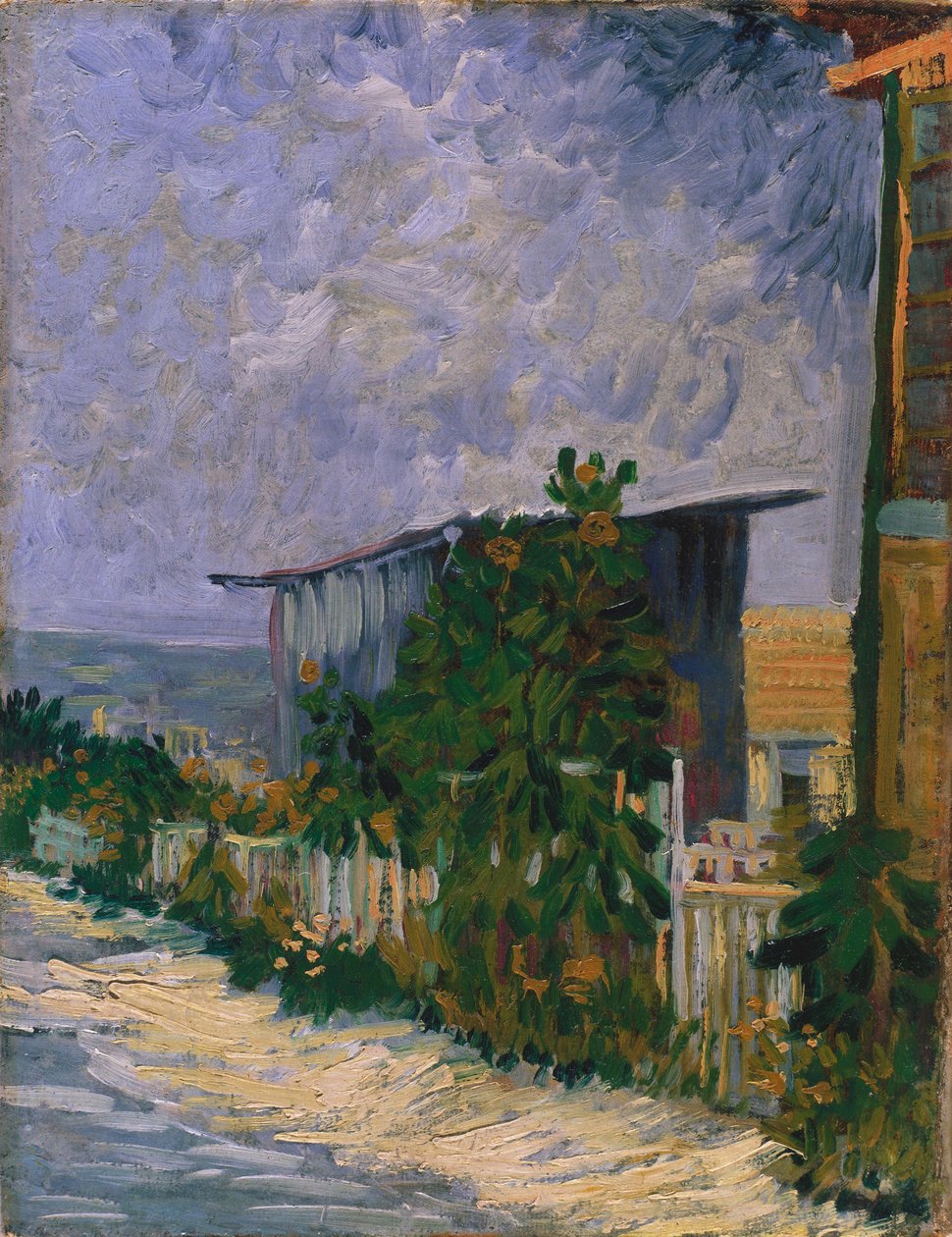 Schuur in Montmartre met zonnebloem door Vincent van Gogh