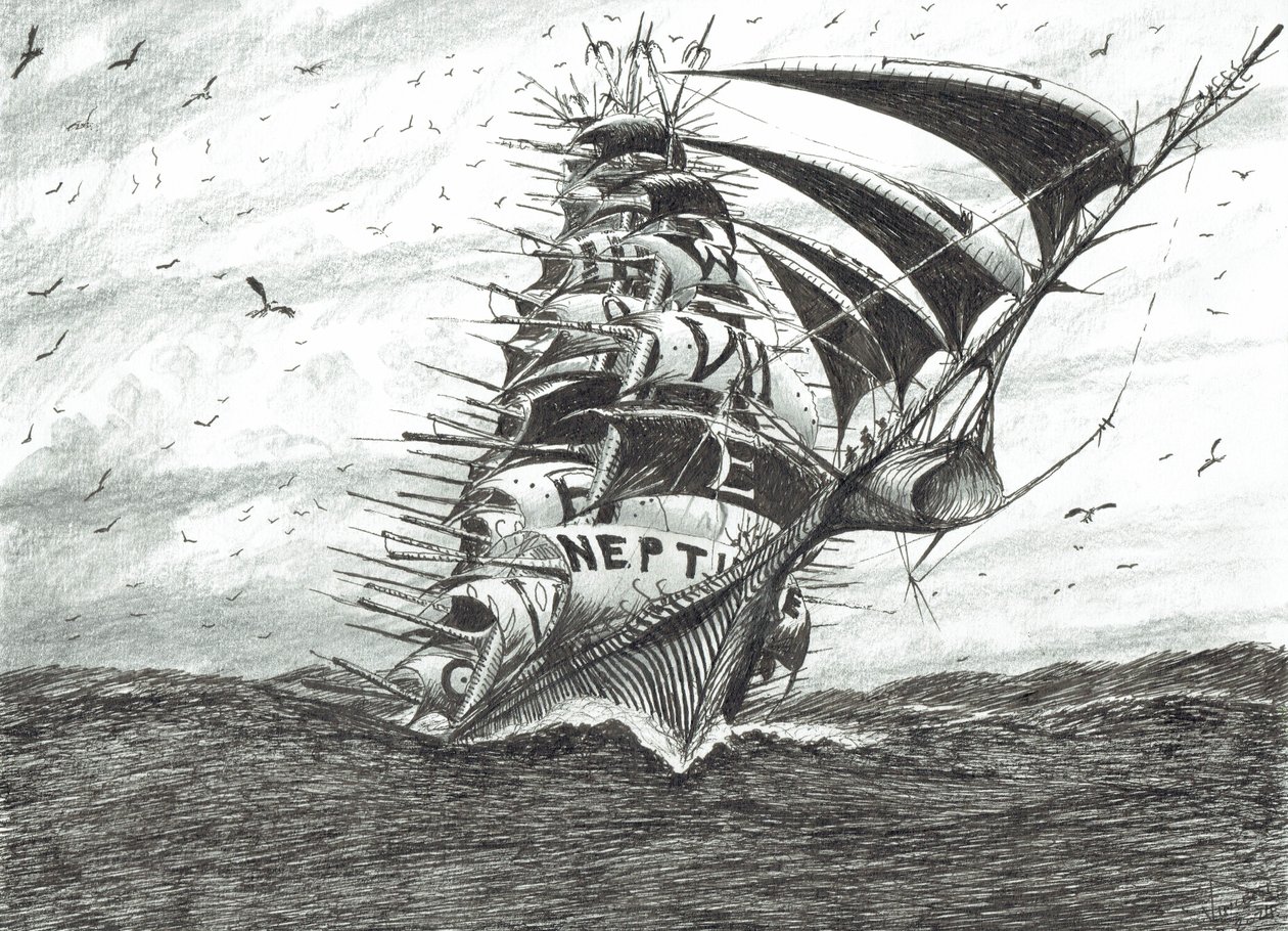 Storm Creators Cape Dolphin, 2024 (inkt en potlood op papier) door Vincent Alexander Booth