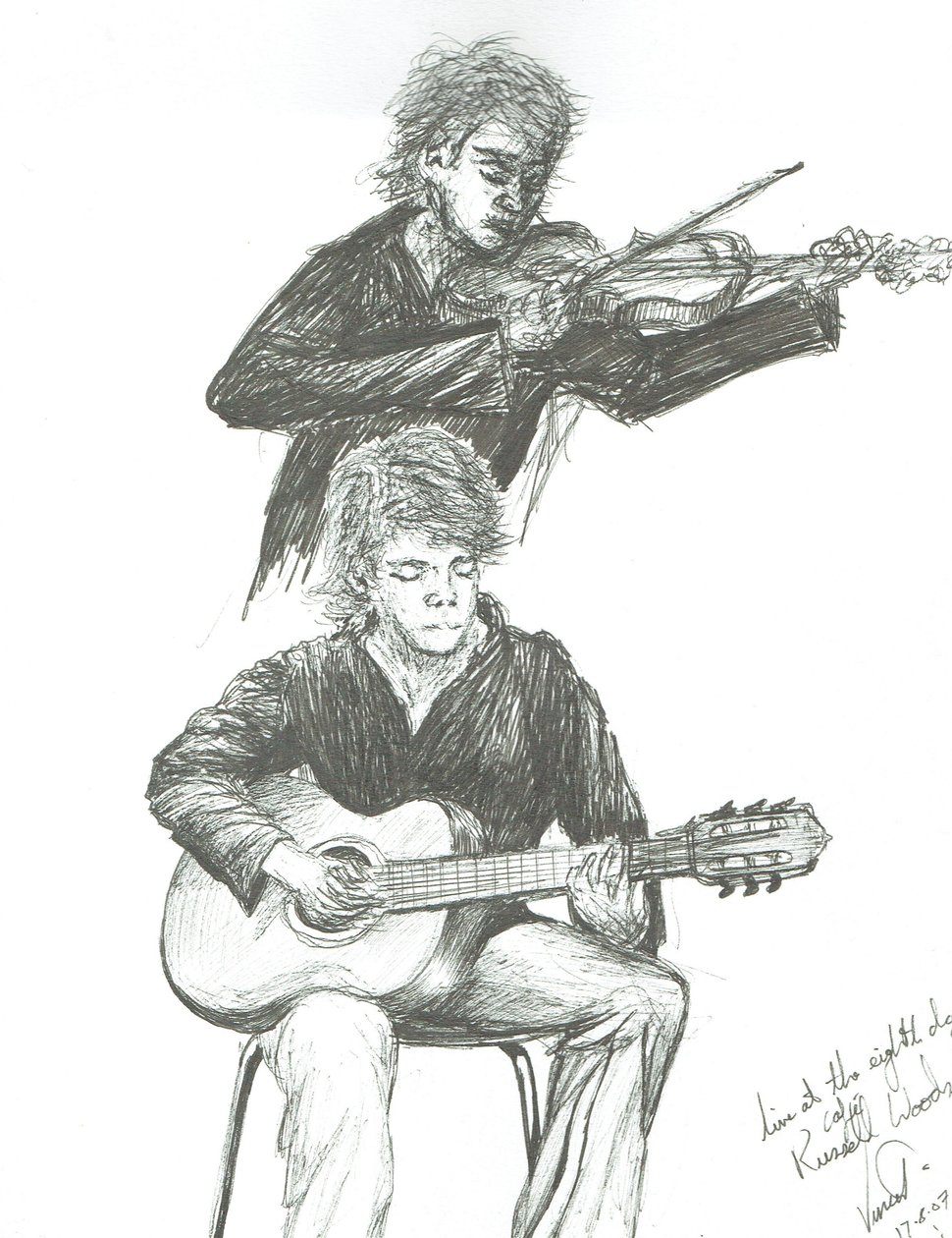 De Gitarist en violist in 8th day cafe Manchester, 2007 door Vincent Alexander Booth