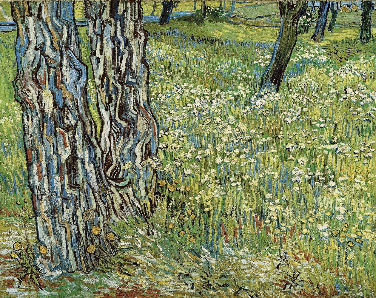 Boomstammen in het gras door Vincent van Gogh