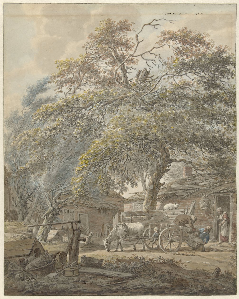 Boerenerf met twee mannen die een wieg op een paardenkar laden door Vincent Jansz. van der Vinne