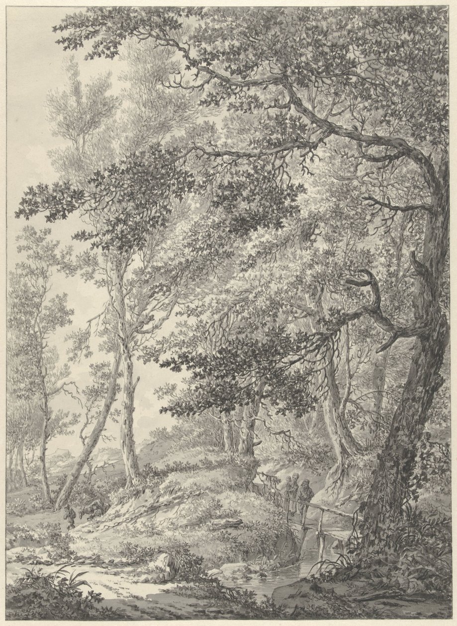 Boslandschap met een houten bruggetje en twee wandelaars door Vincent Jansz. van der Vinne