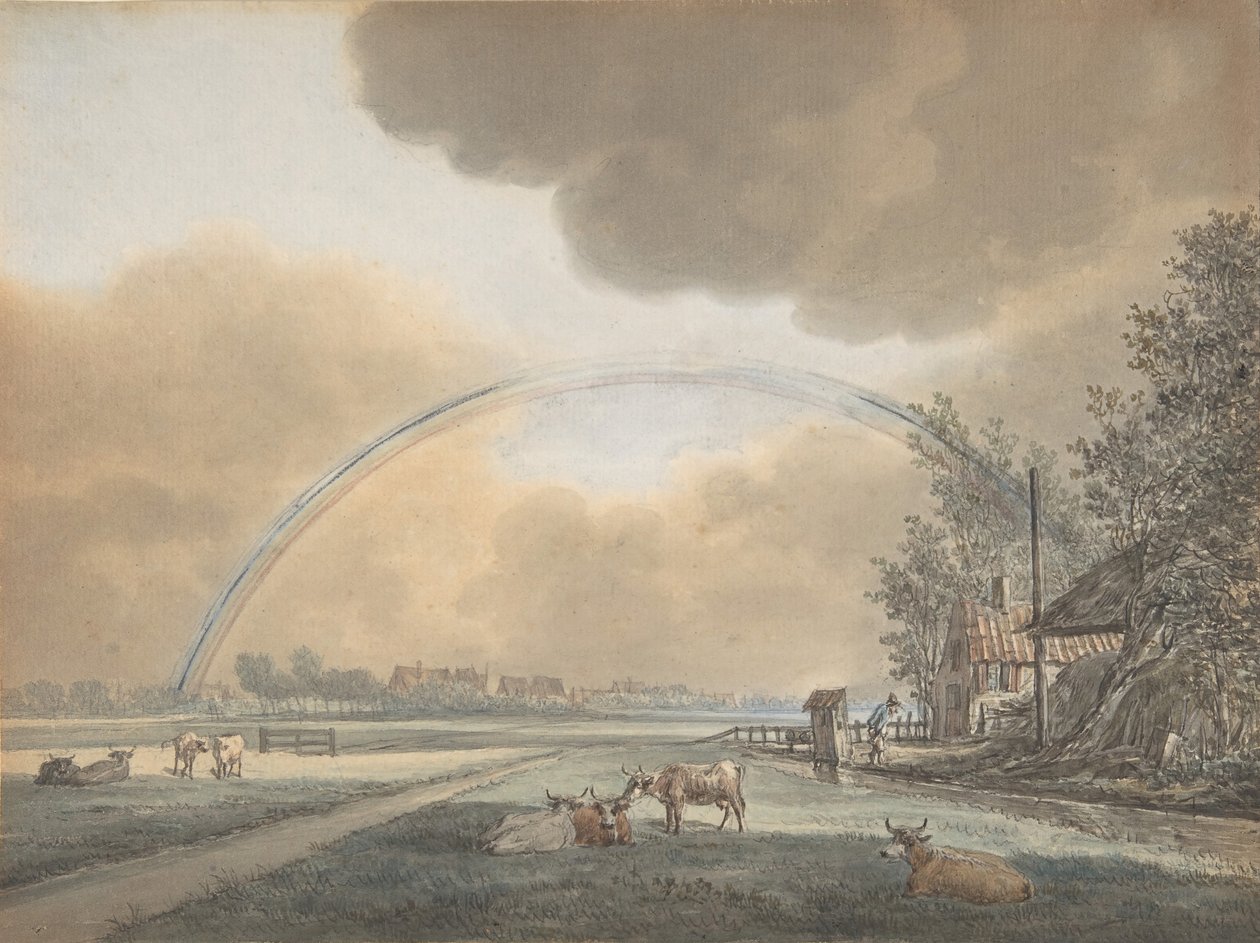 Landschap met een regenboog over een boerderij en een afgelegen dorp (n.d.) door Vincent Jansz. van der Vinne