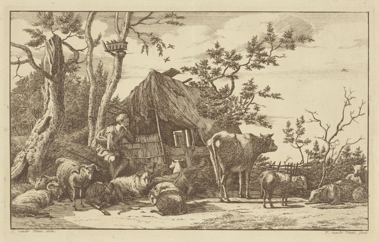 Zittende herder met vee voor een vervallen schuur door Vincent Jansz. van der Vinne