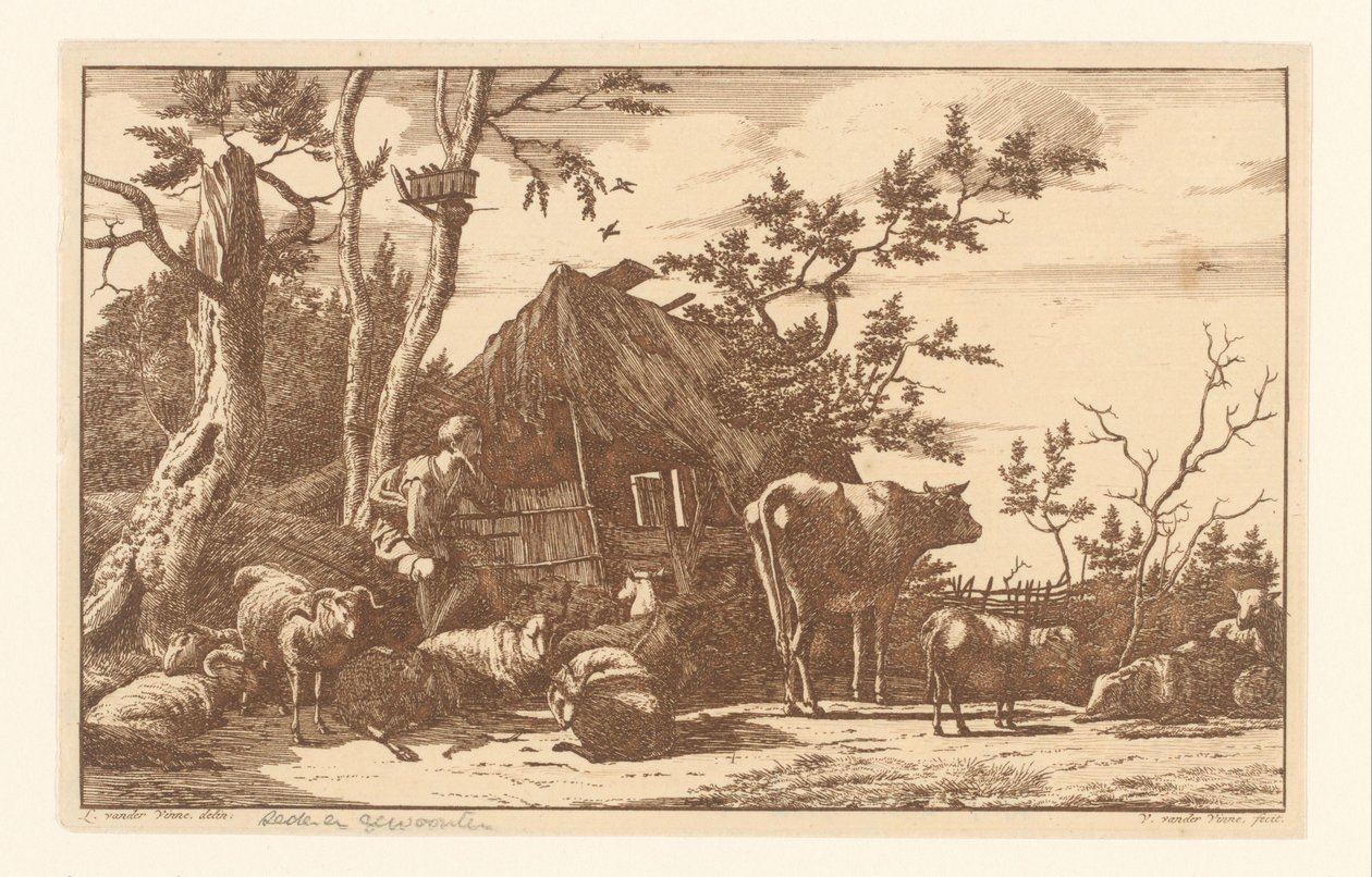 Zittende herder met vee voor een vervallen schuur door Vincent Jansz. van der Vinne