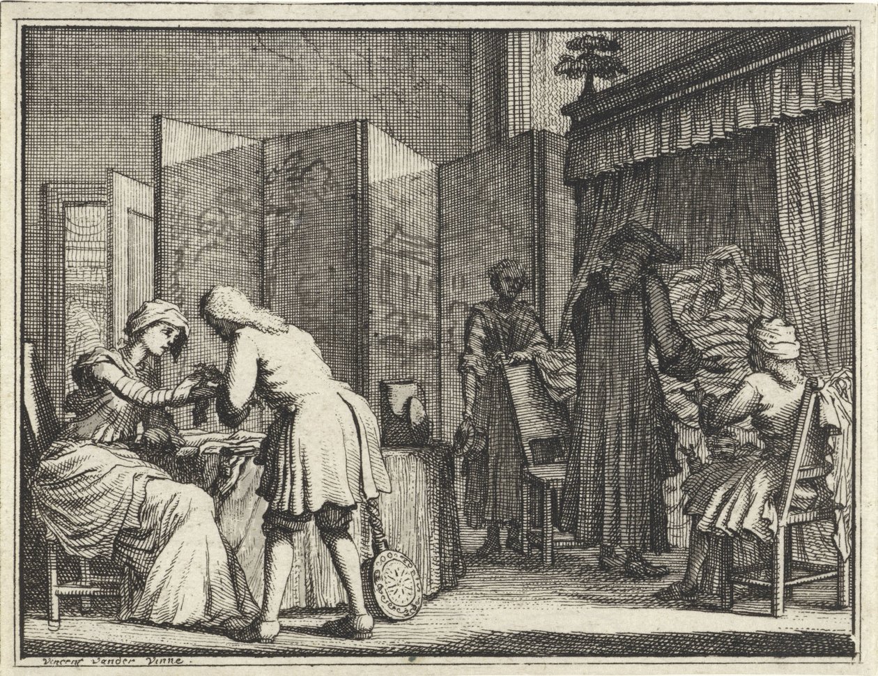 Figuren rond een ziekbed en een arts die een vrouw verbindt door Vincent Laurensz. van der Vinne (II)